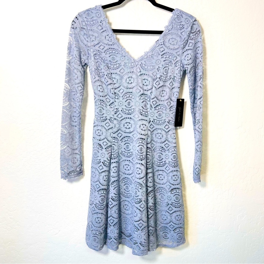 Sold Jodi Kristopher Blue Grey Lace Long Sleeve Mini Dress 0 NWT